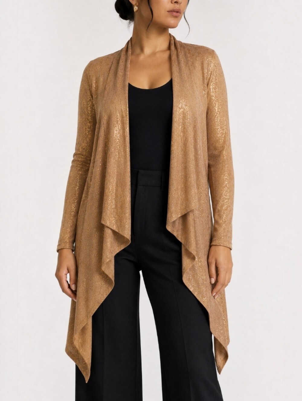 Hervé Léger Silk Cashmere Metallic Gold Camel Draped Waterfall Cardigan M/L